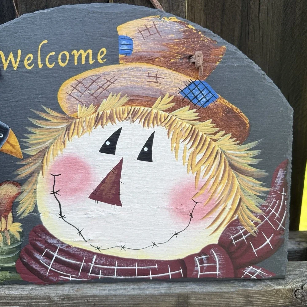 Fall Welcome Slate Sign Scarecrow Black Bird Hand painted Leather Hanger Country